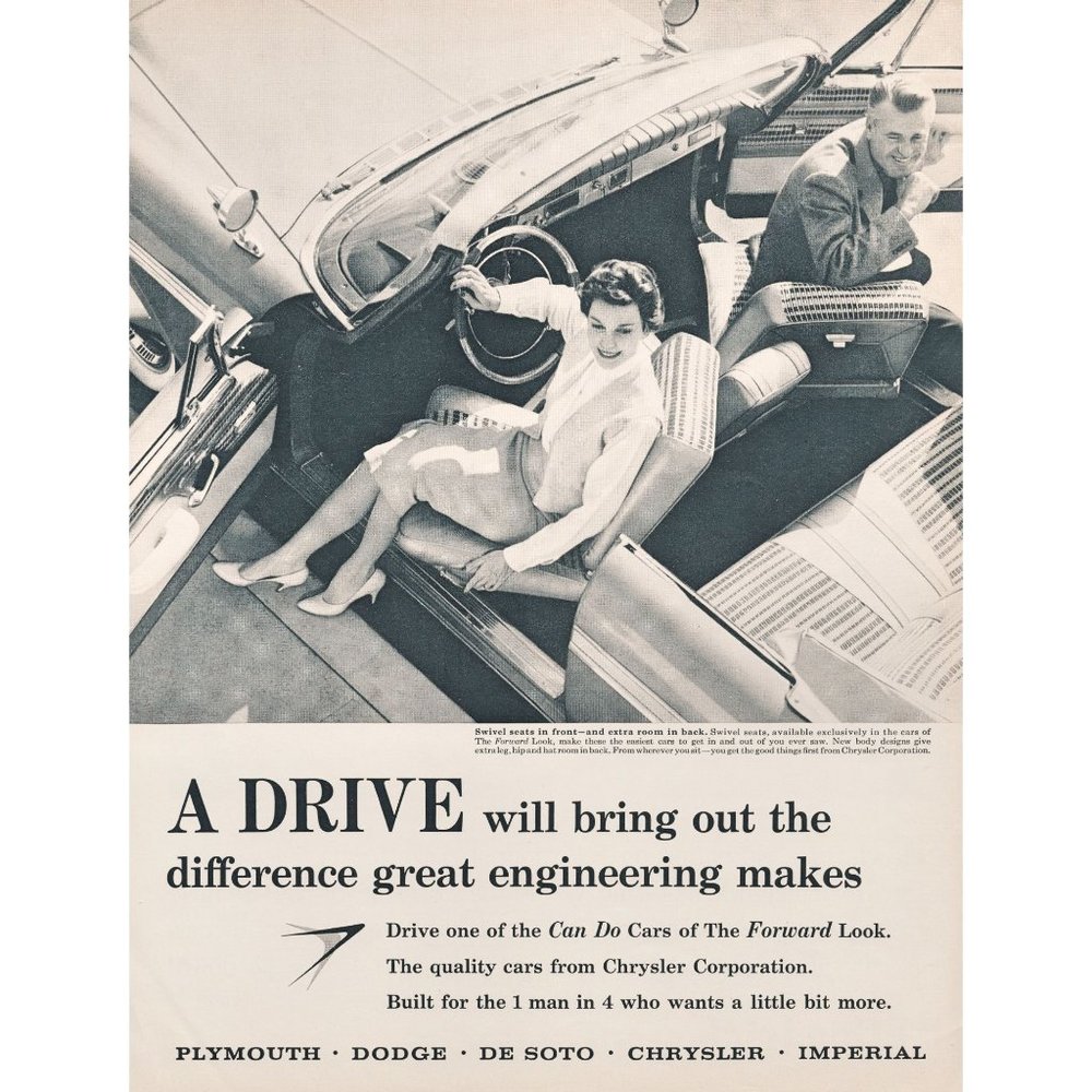 1959 Chrysler Convertible Swivel Seats Can Do Cars Vintage Print Ad Photo 50s